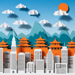 Obraz premium Cityscape with Traditional Asian Architecture Buildings.