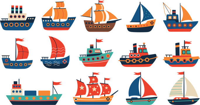 Whimsical Nautical Ship and Boat Vector Set Featuring Sailboats, Steamships, Galleons, and Cargo Vessels for Childrens Decor, Maritime Branding, and Ocean Travel Designs