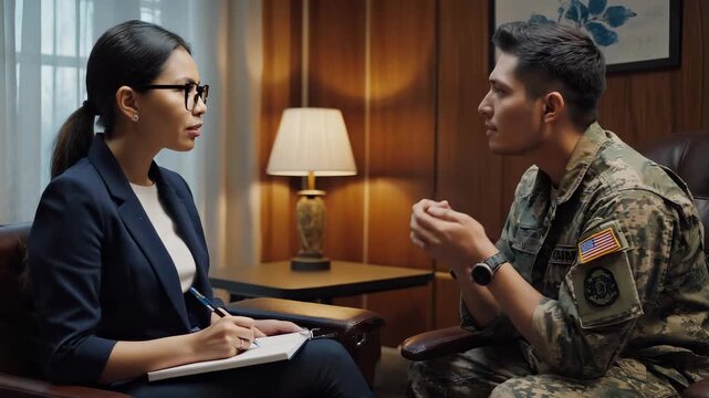 Military Veteran Counseling Session: Therapist and Soldier Discussing Trauma and Mental Health Support in a Professional Setting