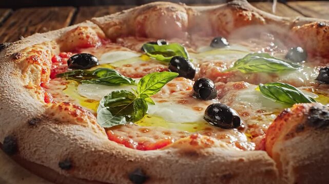 Crusty pizza with basil, mozzarella, olives, & drizzled oil