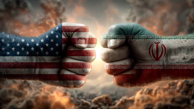 two fists with us flag and iranian flag symbolizing conflict tensions fight between two sides: usa and iran