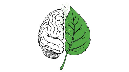 Black outline colorful illustration of a human brain merging into a leaf, AI-powered sustainability, green technology, eco innovation concept