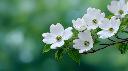 Fototapeta premium Flowers grow on branches in spring surrounded by green leaves