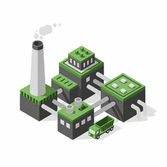 Isometric illustration of an industrial factory with green roofs and smokestack.