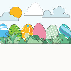 Easter background with eggs and clouds. Vector illustration

