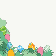 Easter background with eggs and nature frame with green flora. Vector illustration

