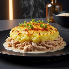 Fototapeta premium Chicken Shepherd's Pie on a Stylish Plate, Culinary Delight, Modern Kitchen, Gourmet Photography, Steaming Freshness
