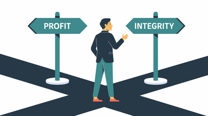 Businessman choosing between profit and integrity signposts at crossroads, Ethical decision making and corporate values concept.