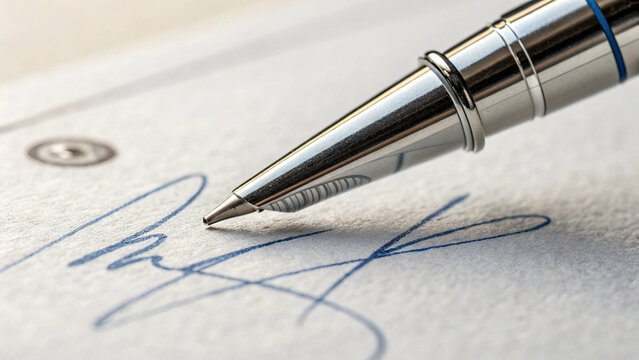 "An extreme close-up, macro photograph of a ballpoint pen tip as it makes contact with high-quality textured paper, completing a signature. The blue ink is visible on the paper, showing a fluid, cursi