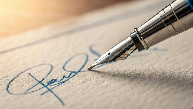 "An extreme close-up, macro photograph of a ballpoint pen tip as it makes contact with high-quality textured paper, completing a signature. The blue ink is visible on the paper, showing a fluid, cursi