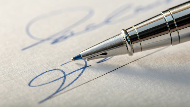 "An extreme close-up, macro photograph of a ballpoint pen tip as it makes contact with high-quality textured paper, completing a signature. The blue ink is visible on the paper, showing a fluid, cursi