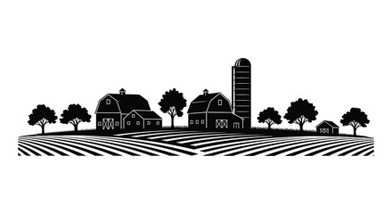 A striking black and white image depicts a rural landscape with barns trees and fields presented as a silhouette © VoDesign02