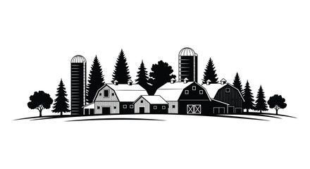 A detailed black and white illustration depicts a rural farm scene with barns trees and buildings a silhouette © VoDesign02