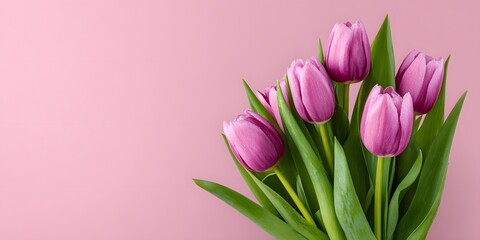 Fototapeta premium Tulips bloom brightly in spring against a soft pink backdrop