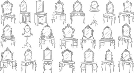 Massive classical vanity and dressing table vector set with ornate mirrors and Baroque-style bedroom furniture.