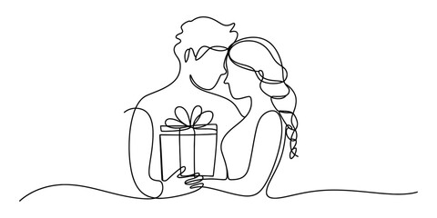 Minimalist one line drawing of a young couple holding a wrapped gift box together. Vector, illustration