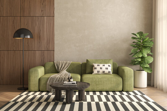 Mid century style conceptual dopamine interior room 3d illustration