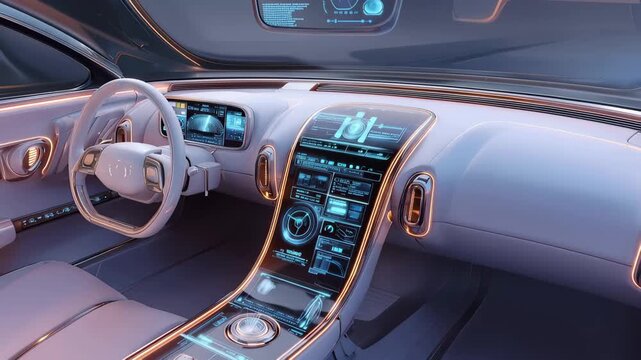 Futuristic car interior design with advanced technology and sleek digital displays in a modern setting at night