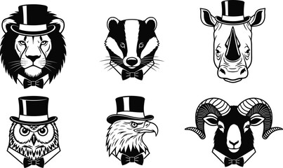 Black vector silhouette set of animal heads including lion badger rhino owl eagle and ram wearing top hats and bow ties for gentleman branding © MDRAZIURRAHMAN