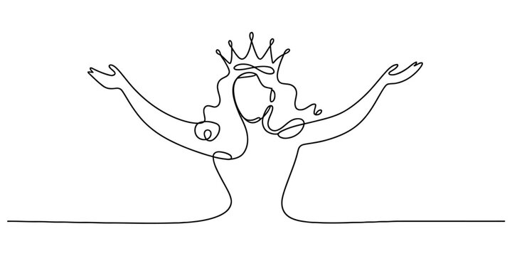 Minimalist continuous line drawing of a queen with long hair wearing a crown and raising her arms