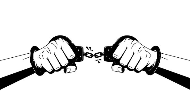 Minimalist Black and White Male Hands Breaking Handcuffs Freedom Concept Vector Design