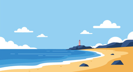 Naklejka premium Lighthouse on sandy beach by ocean with clear blue sky.