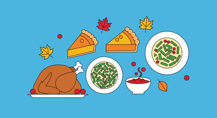 Thanksgiving dinner with turkey pumpkin pie and sides.