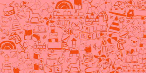 Seamless Pattern with Cute Baby Toys and Kids Doodles