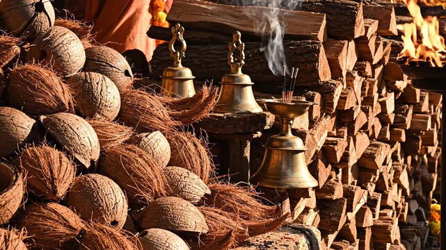 Traditional Hindu Funeral Ceremony Pyre With Coconuts And Bells Burning Wood Stack