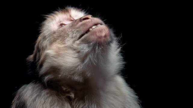 Close up portrait of a monkey looking up with dramatic lighting on black background