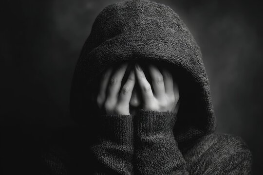 Close-up of a person in a hooded sweater, with hands covering their face, grayscale