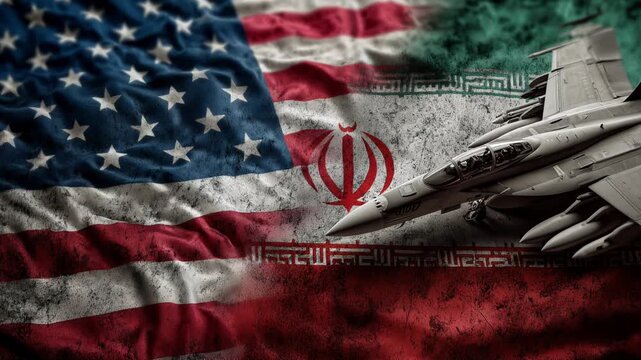 usa and iran conflict situation. us american flag and iranian flag with military jet on iranian side