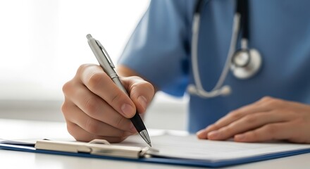Fototapeta premium Medical professional's hand writing on clipboard, stethoscope visible, blue scrubs attire