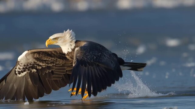 Majestic bald eagle taking off from water surface with splashing droplets
