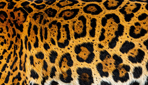 High-quality close-up of a jaguar or leopard artificial skin (fur) pattern. Animal print features distinct black rosettes and golden-orange hair, making it ideal for fashion, textile, and nature-theme