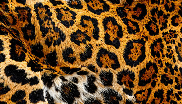 High-quality close-up of a jaguar or leopard artificial skin (fur) pattern. Animal print features distinct black rosettes and golden-orange hair, making it ideal for fashion, textile, and nature-theme