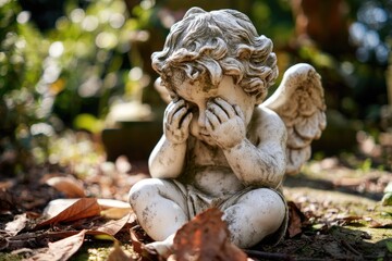 Fototapeta premium Small cherubic statue sits sorrowfully amidst fallen leaves in a garden setting