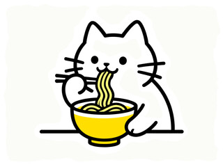 Cute Cat Eating Noodles with Chopsticks Cartoon Vector Illustration
