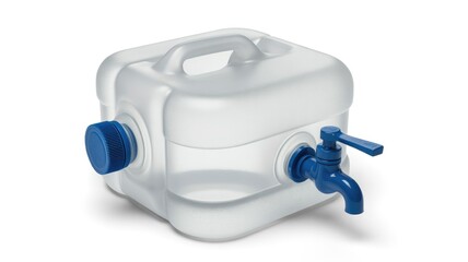 A clear plastic portable water dispenser with a blue tap and cap on a white background.