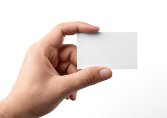 Obraz premium A hand holds up a blank white rectangular card, isolated on a white background