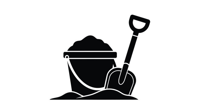 Black silhouette of a bucket shovel and sandcastle creation silhouette