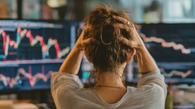 Stressful Market Analysis: A woman expresses distress as she monitors stock market charts, reflecting on the pressures and uncertainties of financial analysis