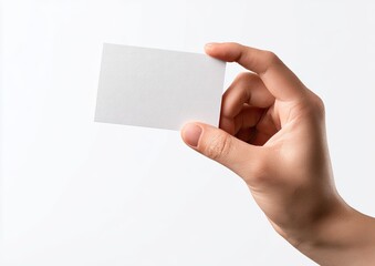 Obraz premium A hand, palm up, delicately holds a blank, rectangular white card against a white background