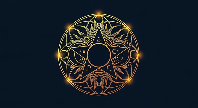 Mystical golden pentagram symbol with sun and moon elements on a dark blue background, representing magic, spirituality, and esoteric concepts.
