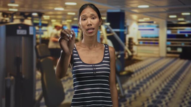 Thai woman extends her hand toward the camera in a building gym, alternating pointing and reaching gestures across sequential frames; determination focus.