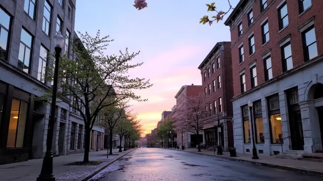 Quiet urban street in a historic city district at sunrise during the spring season. Empty downtown road with beautiful blooming cherry blossom trees and old architecture