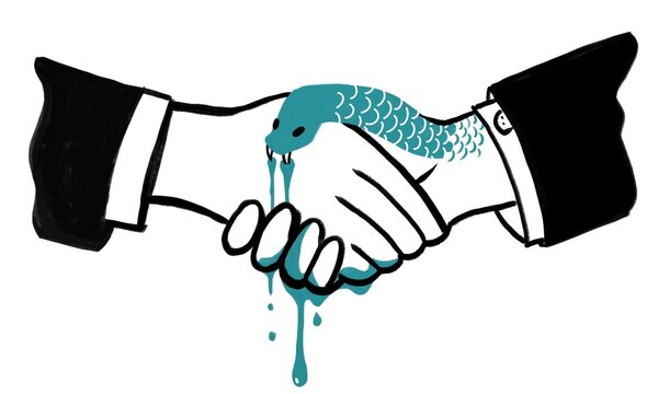 Ilustraci&oacute;n que refleja el concepto de traici&oacute;n. Es un apret&oacute;n de manos entre dos personas que en realidad es la mordida de una serpiente por parte de uno de los hombres