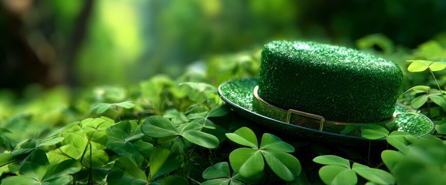 Green Leprechaun Cap Rests on Green Clover Leaves in a Vibrant Garden During Daylight in High Definition
