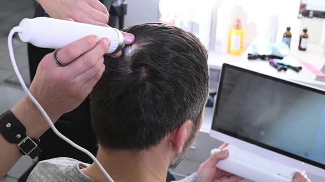 man looks at the results of a trichoscopy performed by a trichologist. Hair condition assessment, hair loss treatment, and dandruff treatment. male pattern baldness, alopecia