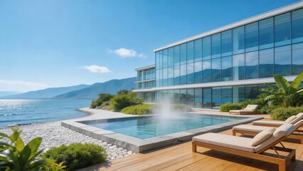 Fototapeta premium Tropical Island Resort Vacation with Overwater Bungalows and Ocean View Pool Villa